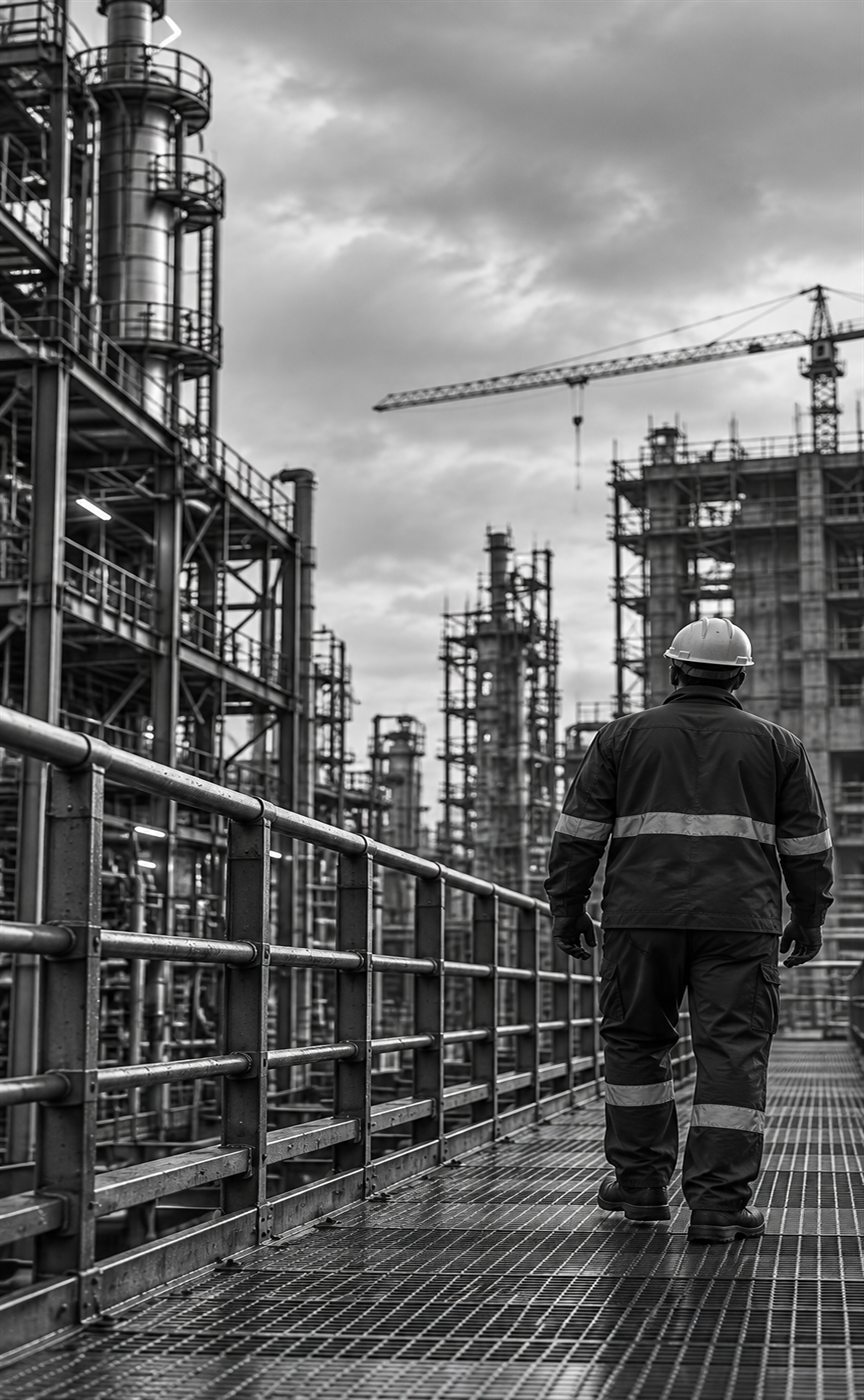 Profesional recorriendo una instalación industrial